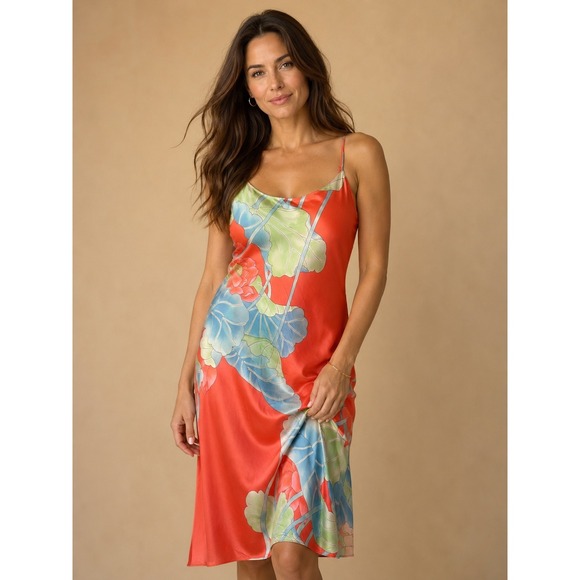Natori Other - Natori Nightgown Chemise Floral Print Satin Ankle Length Sz L Slip Dress Coral